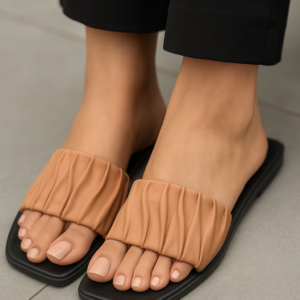 Pleated Tan Slides – For Ladies Comfort Series